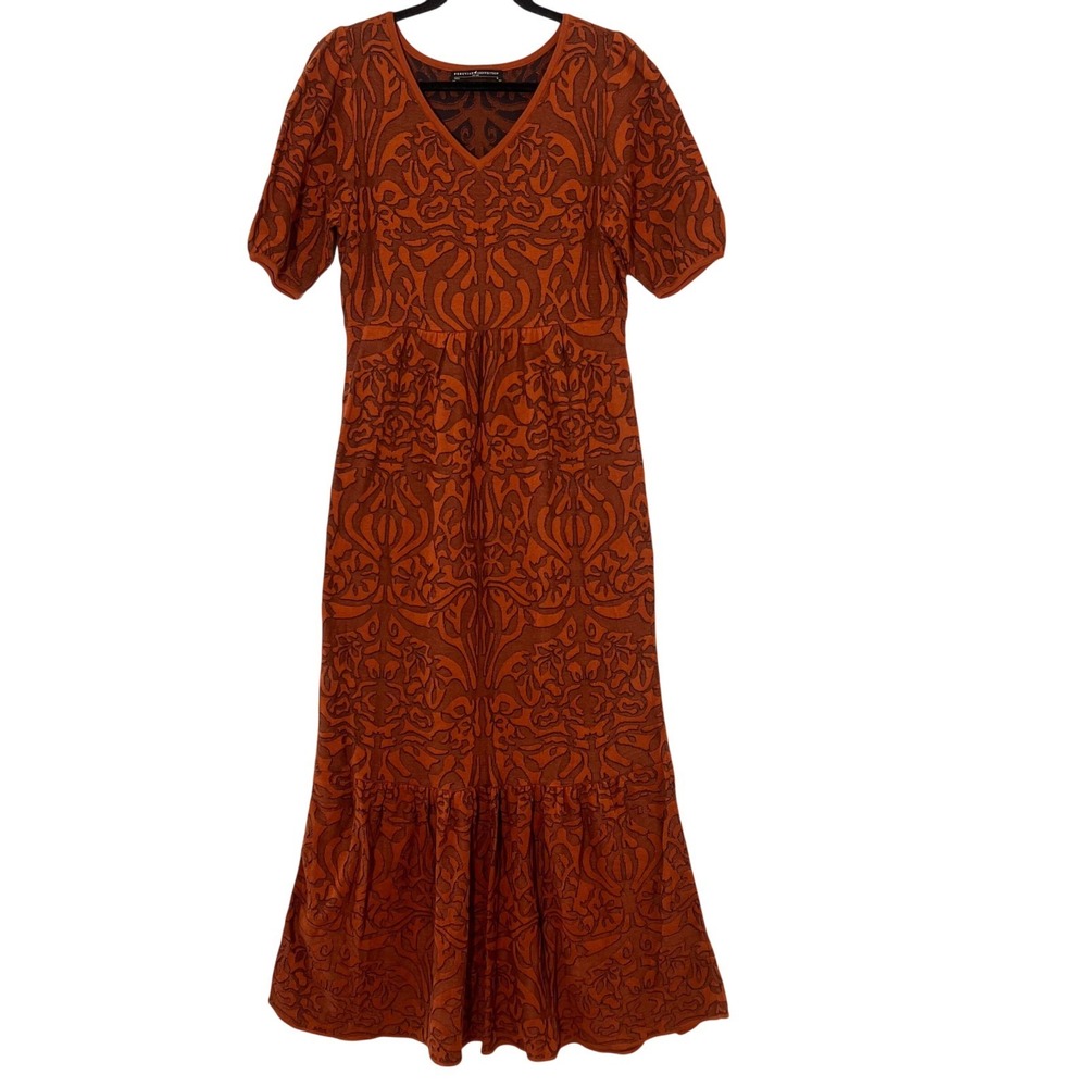 Peruvian Connection Maxi Dress Women M Terracotta Pima Cotton Knit Damask Boho
